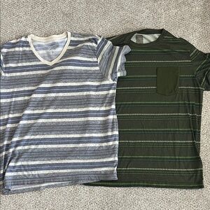 Lucky Brand Beige and Blue Striped V-Neck Tee